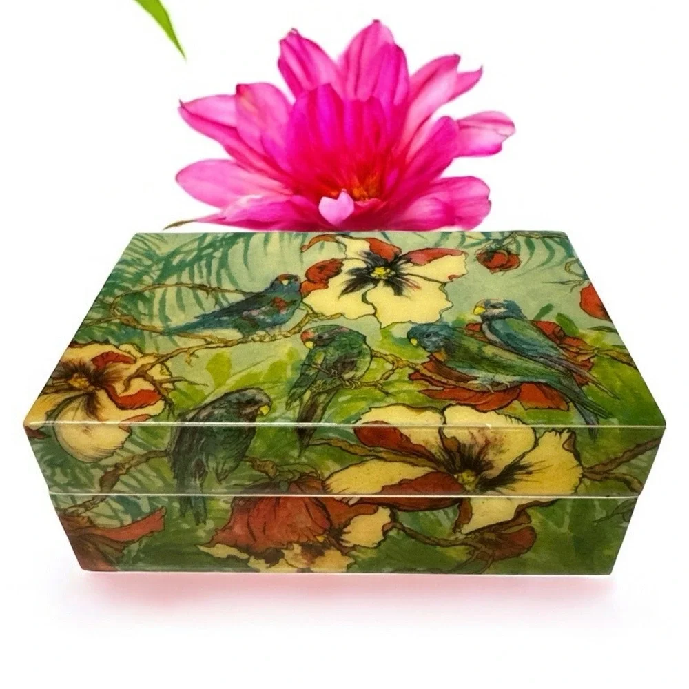 Vintage Musical Memories‎ REUGE Lacquered Music Box Tropical Birds *READ/SEE